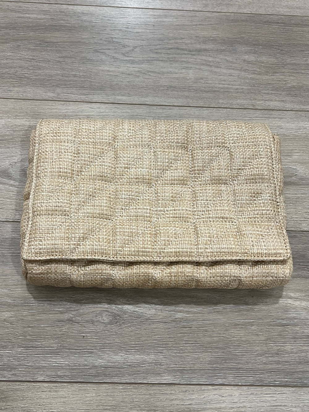 Zara Quilted Beige Straw Shoulder Bag with Chunky Gold Chain Strap